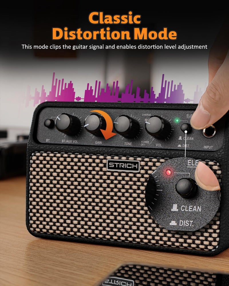 STRICH DSP Mini Electric Guitar Practice Amplifier, 2 x 5W Dual-Speaker Desktop Amp with Clean/Distortion, 3-4H Battery, 3.5mm Headphone Jack, Wireless Portable for Indoor Practice & Travel, Black - Image 3